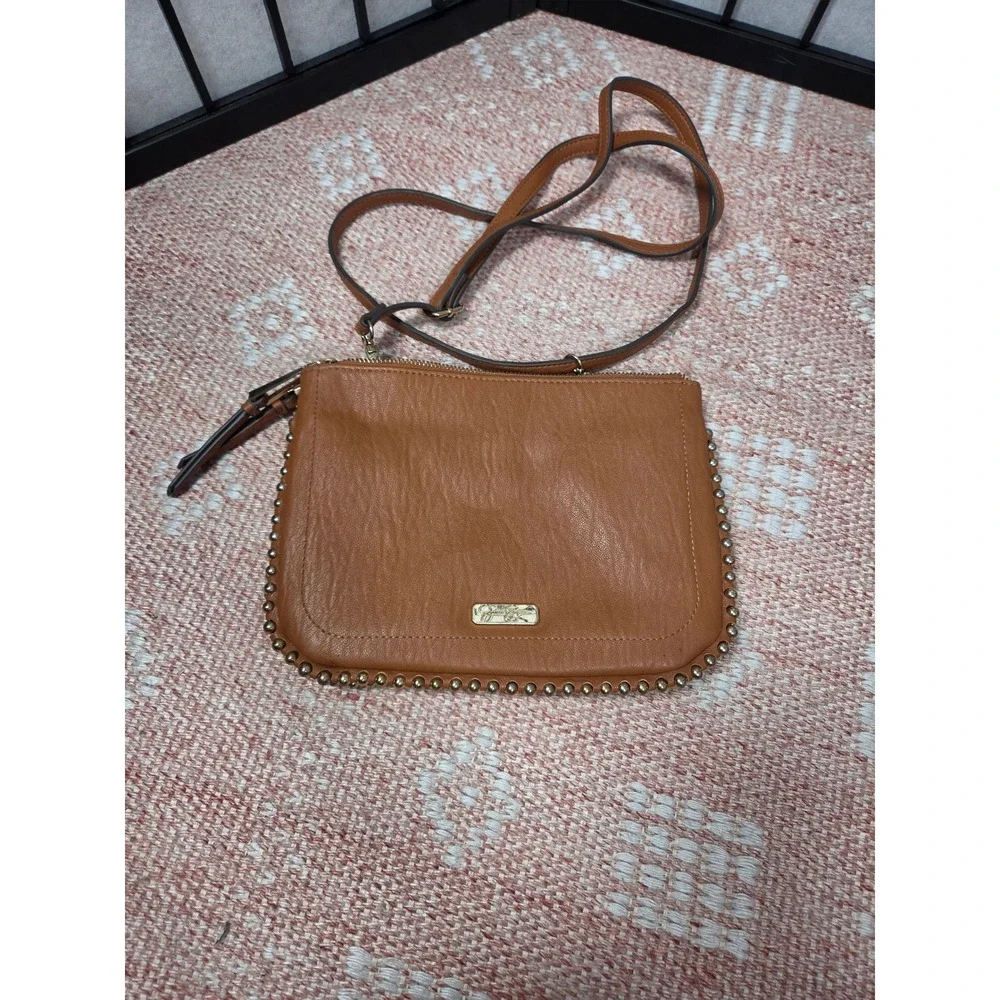 Jessica Simpson Cognac Brown Studded Triple Zip Crossbody Bag Gold Hardware